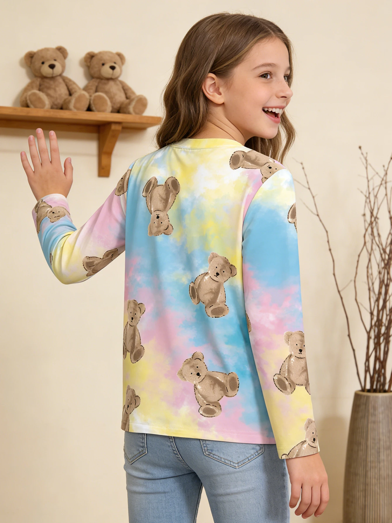 2026 girls pink blue yellow gradual change tie-dye bear full print long-sleeved T-shirt, round neck casual top
