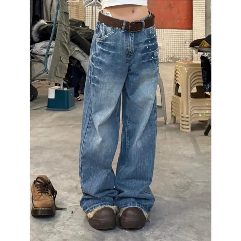 2026 Low Waist Jeans Jeans For Woman Straight Pants Pant Women's Clothing Vintage High Street Rivet Trendy All-match Y2k Casual