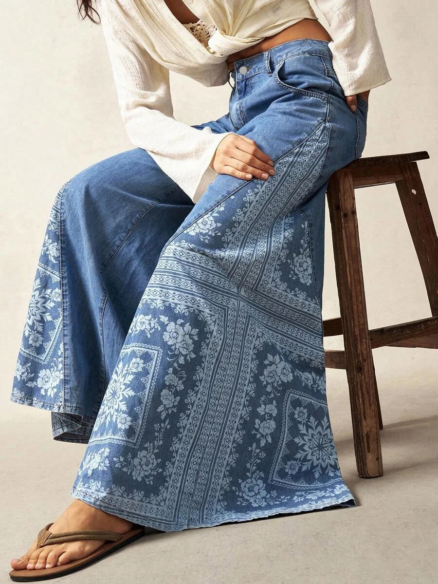 2026 Neue Damen-Jeans mit Blumenmuster und Patchwork, Übergröße, Locker Geschnitten mit Taschen, Lässige Vintage-Denim-Hose mit Weitem Bein – Detail 3