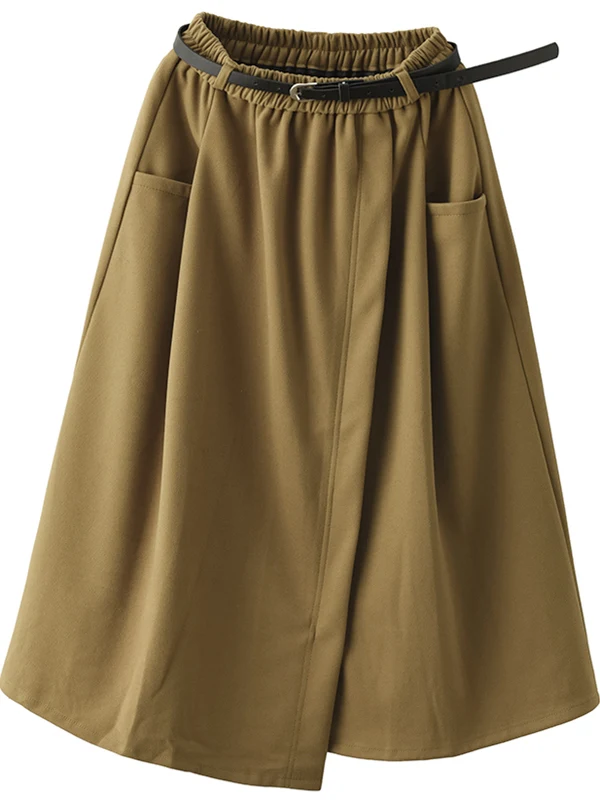 엘레 미디 길이 A라인 스커트 여성용 벨트 허리 밴딩 스커트 출퇴근 캐주얼 기타 소재 기타 제작