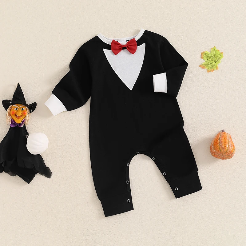 Baby Boy Rompers Gentleman Style with Bow Tie Long Sleeve Round Neck Formal Jumpsuits for Fall Events and Parties