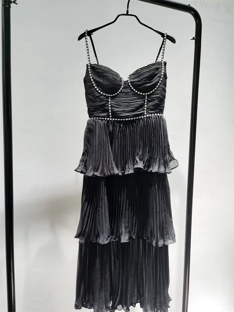 

Sling Chiffon Dress For Women Spring Summer Clothes Black Pleated Women's Midi Dress Diamond Chain Backless Lady Cake Dress Sexy