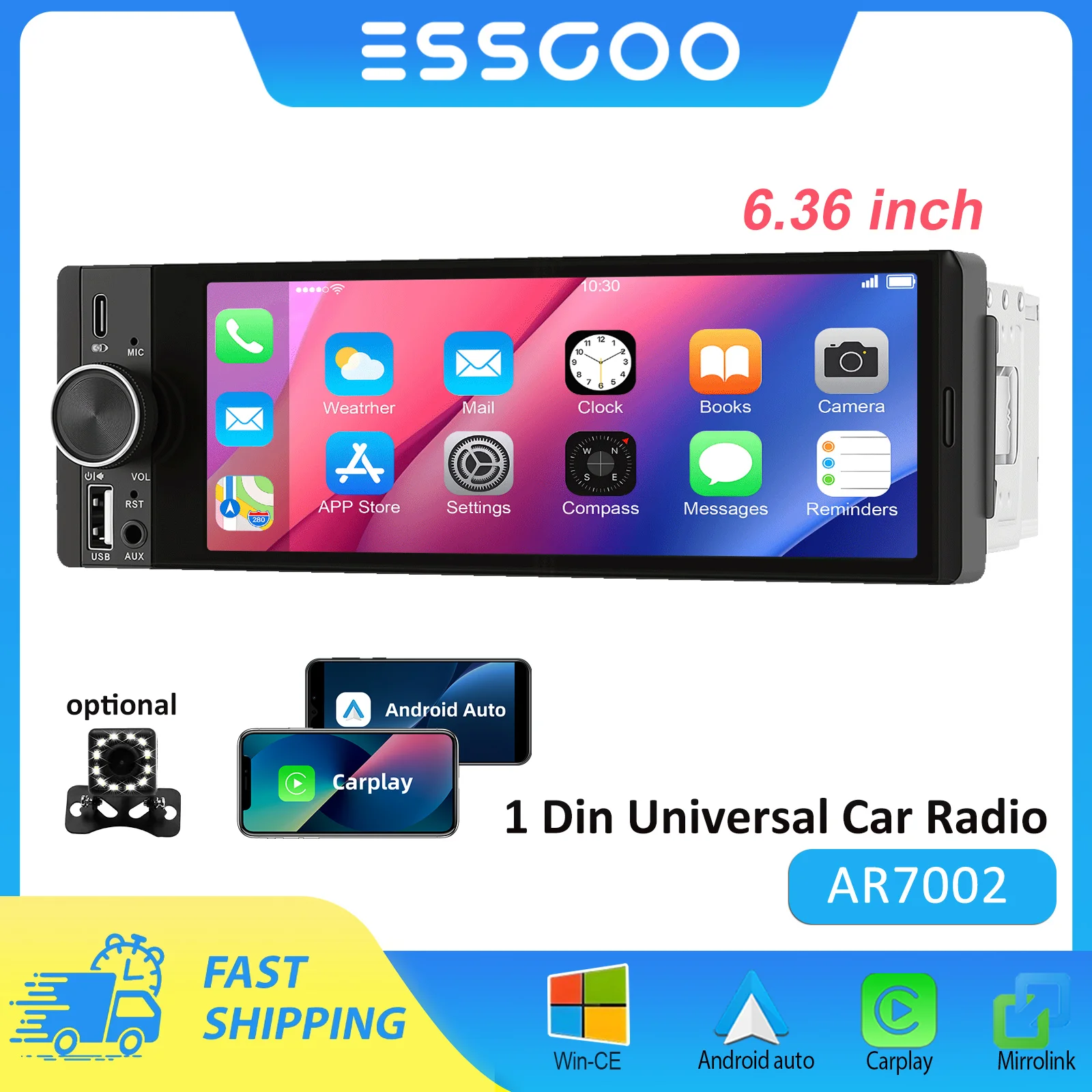ESSGOO 1Din MP5 Autoradio 6.36" Android-auto Carplay Stereo per Auto Radio Wince FM BT Sistema Multimediale Centrale Audio per Auto