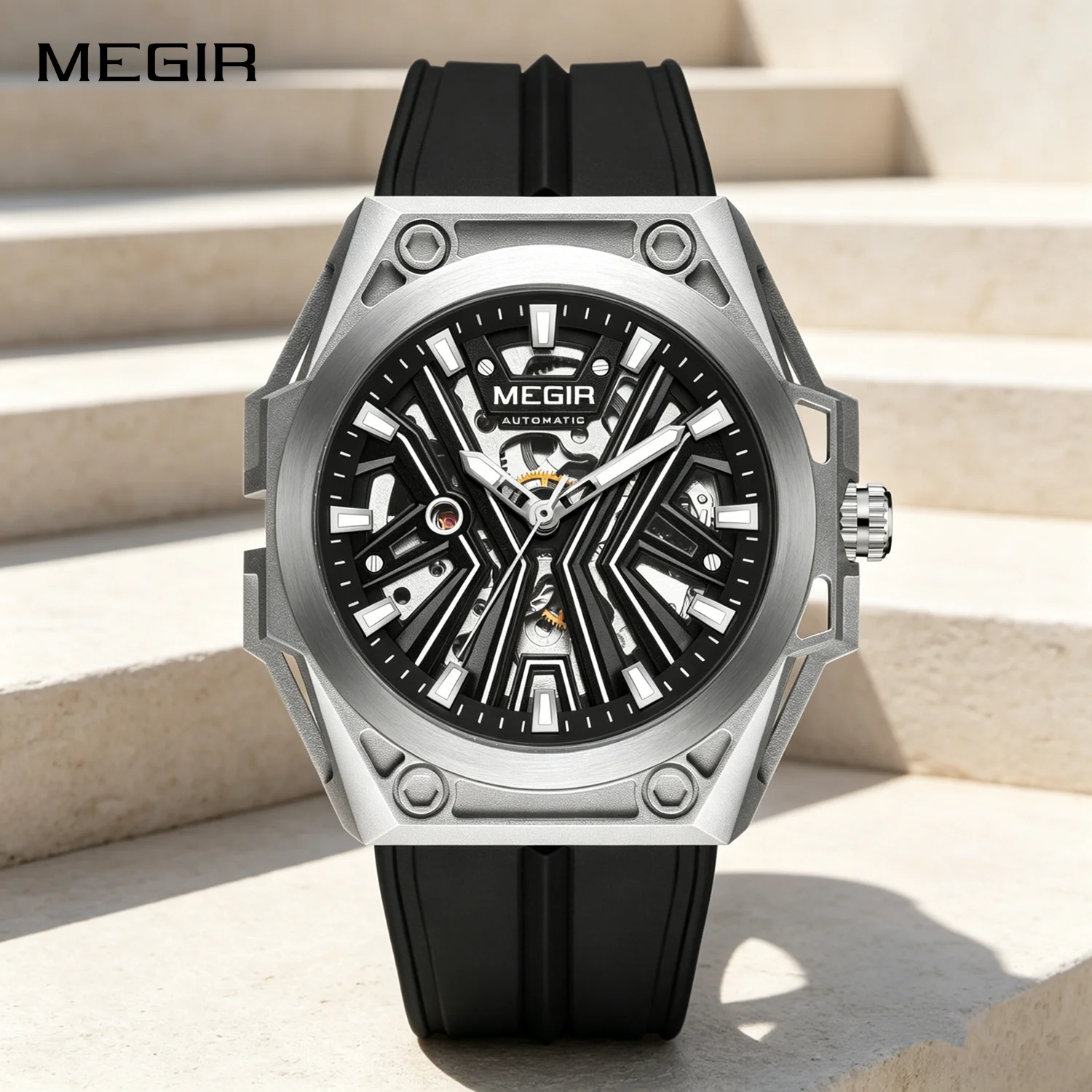 

MEGIR Luxury Men's Automatic Mechanical Watch Skeleton Dial Luminous Sport Casual Wristwatch 5ATM Waterproof Silicone Strap