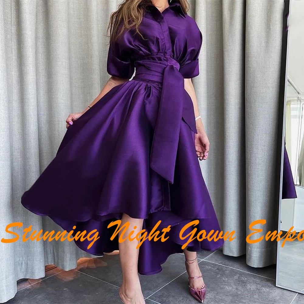 Classic Pleats Buttons Belt Tea Length Evening Dresses Temperament A-Line Satin Crew Neck Purple Party Gowns vestidos de fiesta