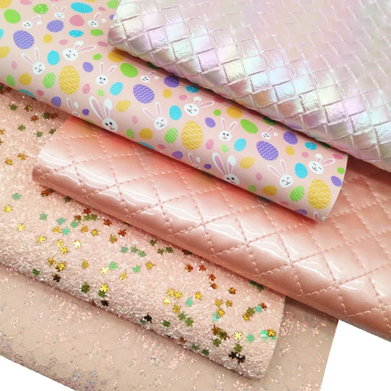 Shamrocks Glitter Leather Sheets Lace Glitter Faux Leather Bunnies Easter Eggs Printed Faux Leather Weave For DIY 21x29CM Y502