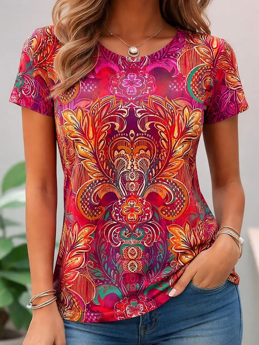 Women's Paisley Abstract Vintage Graphic T-Shirt, Crew Neck Short Sleeve Casual Tops, Daily Weekend Outfits for Spring & Summer