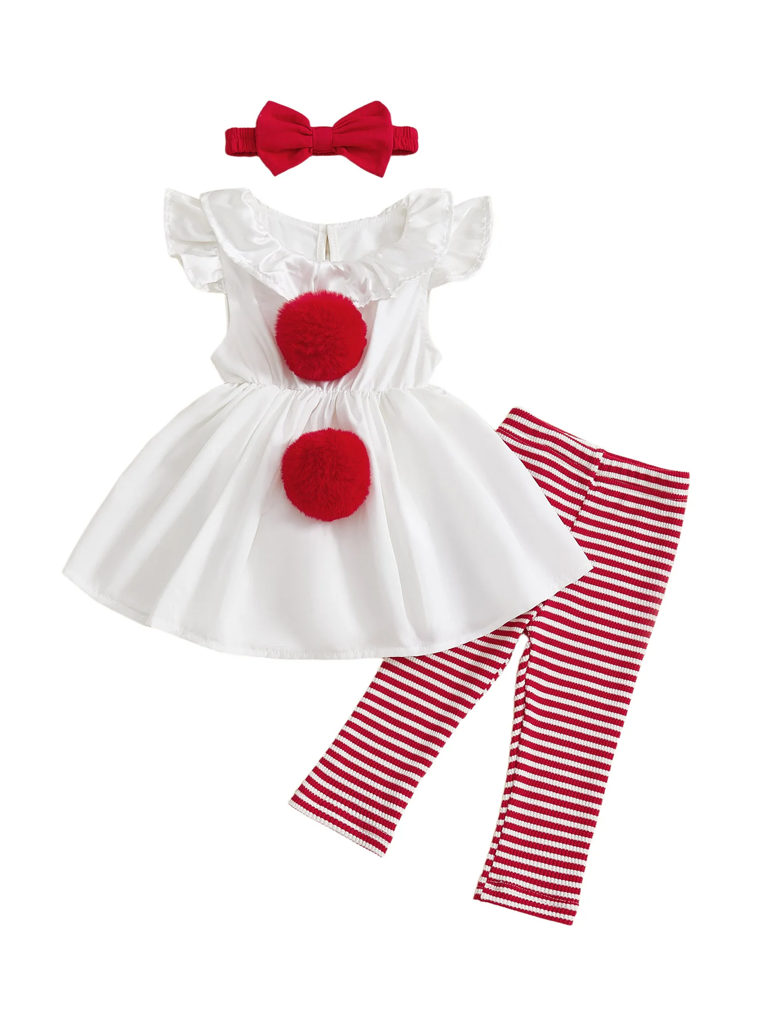 

Infant Girl 3-Piece Autumn Ensemble with Flutter Sleeves Pom Pom Front Top Pants and Headband - Toddler Apparel