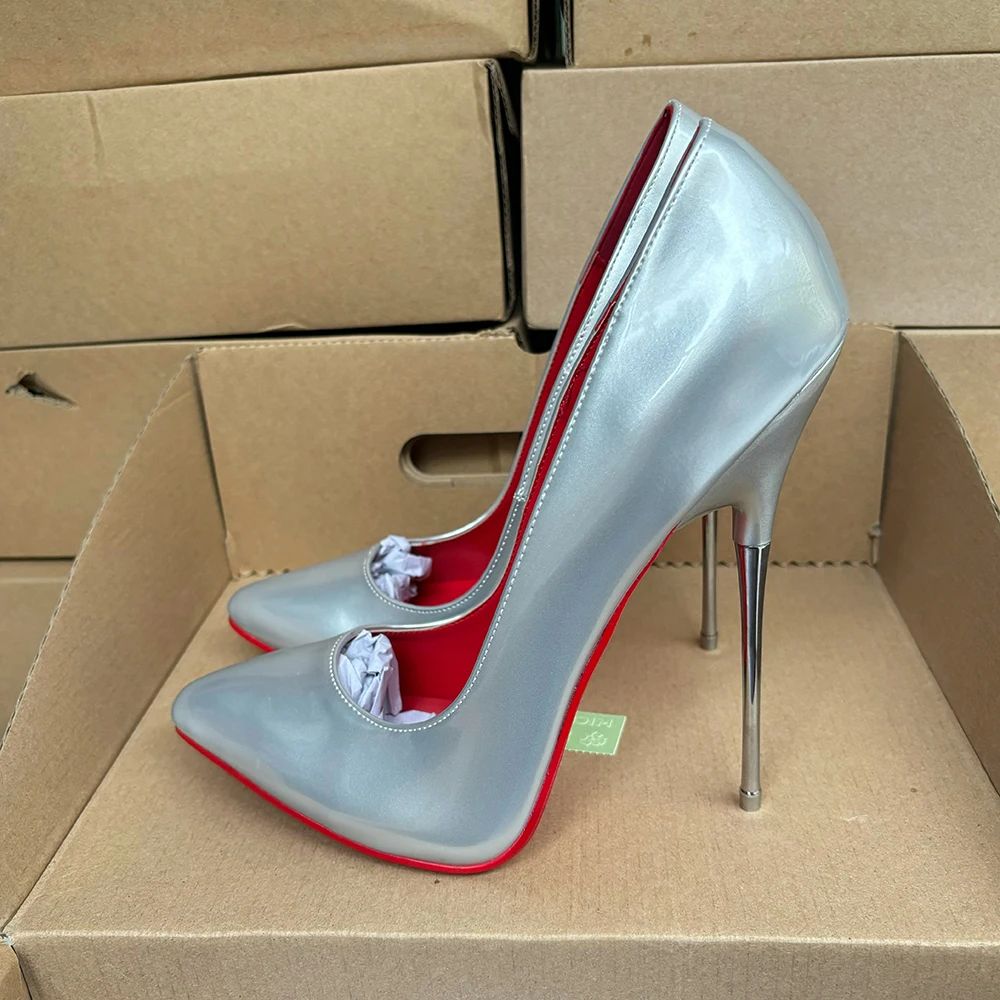 

Новые сексуальные женские туфли-лодочки на очень металлическом высоком каблуке 16 см, серебристо-красные внутри, сексуальные женские туфли-лодочки в стиле фетиш, вечерние туфли унисекс на заказ