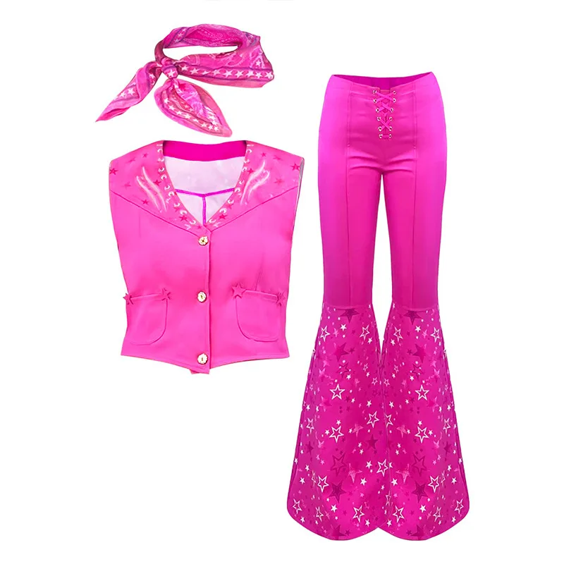 

Kid Halloween Barbie Girl Pink Crop Top Flare Trousers Scarf Party Cosplay Costume Cowboy's Look Girl Women Dress up Rave Outfit