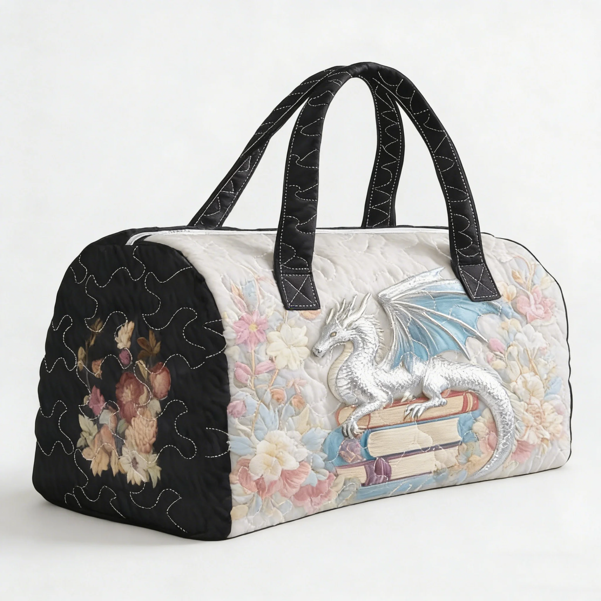 Retro Dragon Camping Trailer Quilted Duffle Bag Colorful Pine Tree Sunset Cmping Travel Tote Men Women Handbag Bag