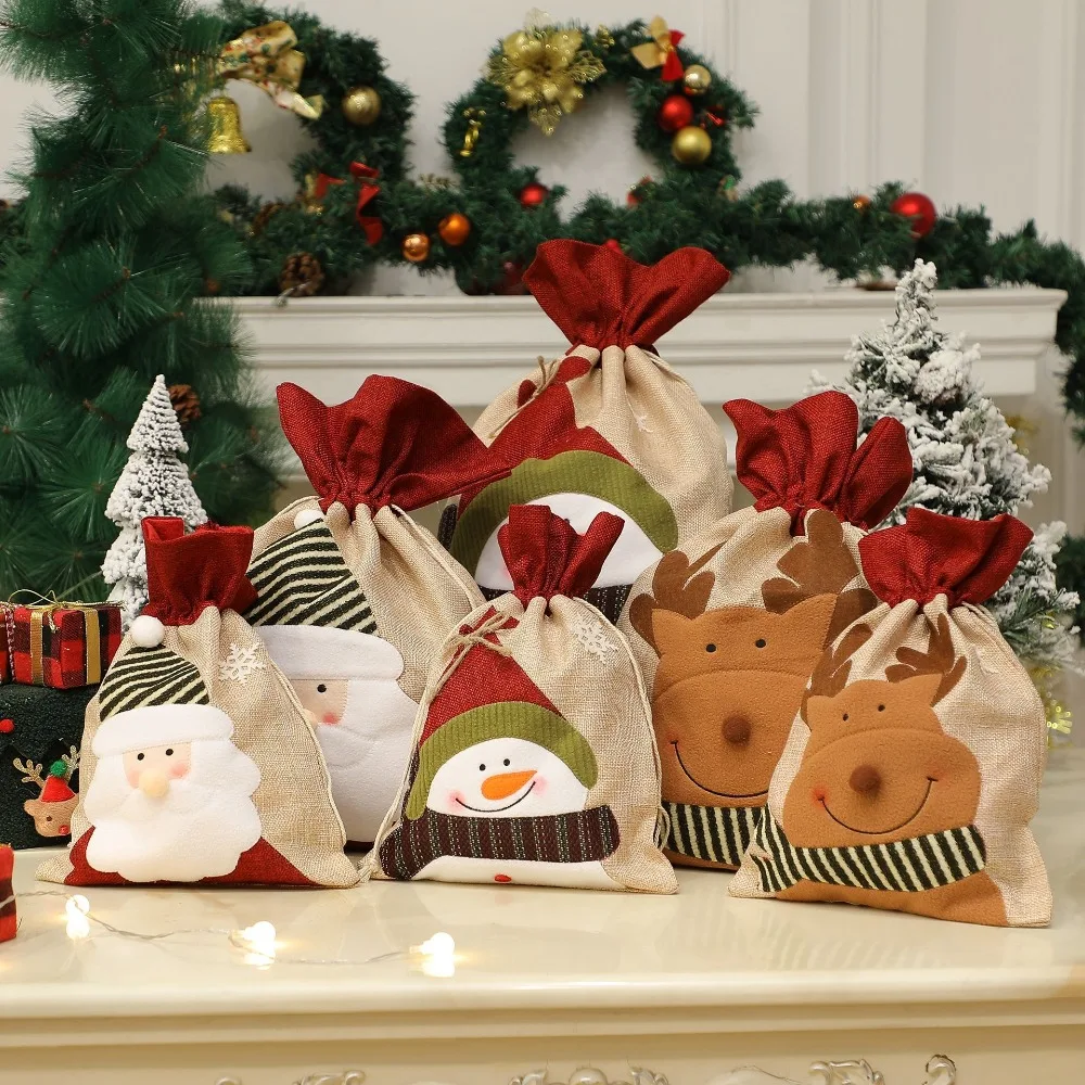 الكتان هدايا عيد الميلاد حقيبة مع الرباط أولدمان ثلج الأيائل علاج كاندي حقيبة تخزين قابلة لإعادة الاستخدام أكياس هدايا عيد الميلاد لحفلة عيد الميلاد
