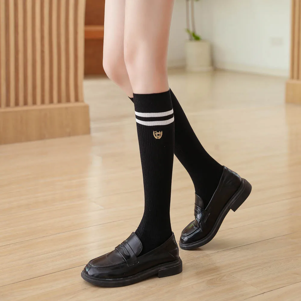 Black Long Socks with Half Cut Embroidery, Trendy Spring and Autumn Cotton Socks