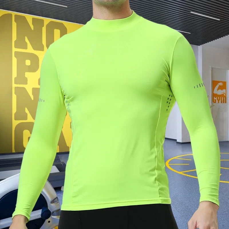 2024 Long Sleeved Tight Fitting Suit, Semi High Collar Quick Drying T-shirt, Men's Running and Fitness Suit, Sports Top