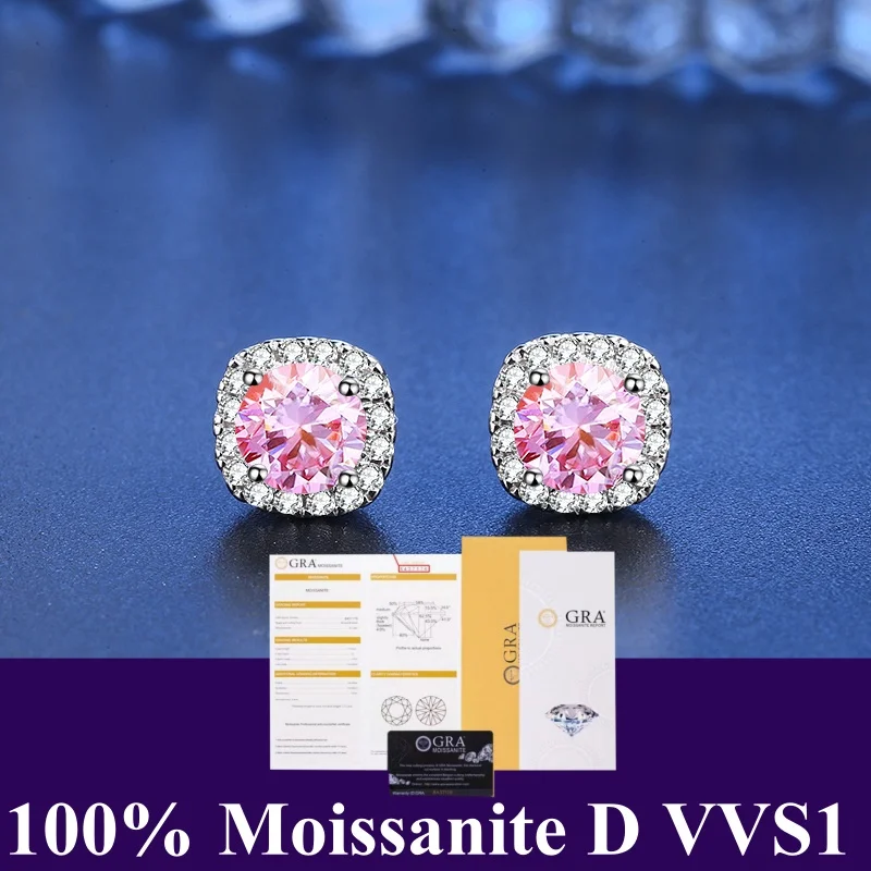 Moissanite VVS1 Square Stud Earrings Women 925 Sterling Silver Moissanita And Zircon Ear Studs Pink Yellow Pass Diamond Tester