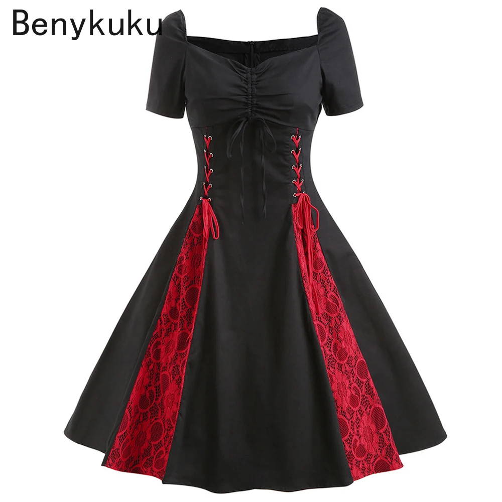

Vintage Women Gothic Dress 4XL Sexy Off Shoulder Lace Up Black Red Retro Casual Party Steampunk Punk Dresses Vestidos