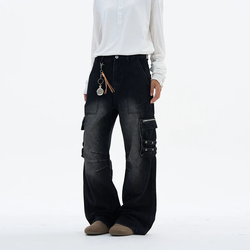 Men's American Style Multi-Pocket Denim Pants New Trendy Functional Overalls High Street Male Straight Denim Pants