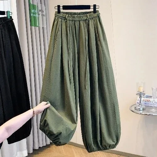 Fashion Workwear Lace up High waisted Lantern pants Women's Summer Loose Slimming Ankle pants Versatile Wide leg Casual Trousers