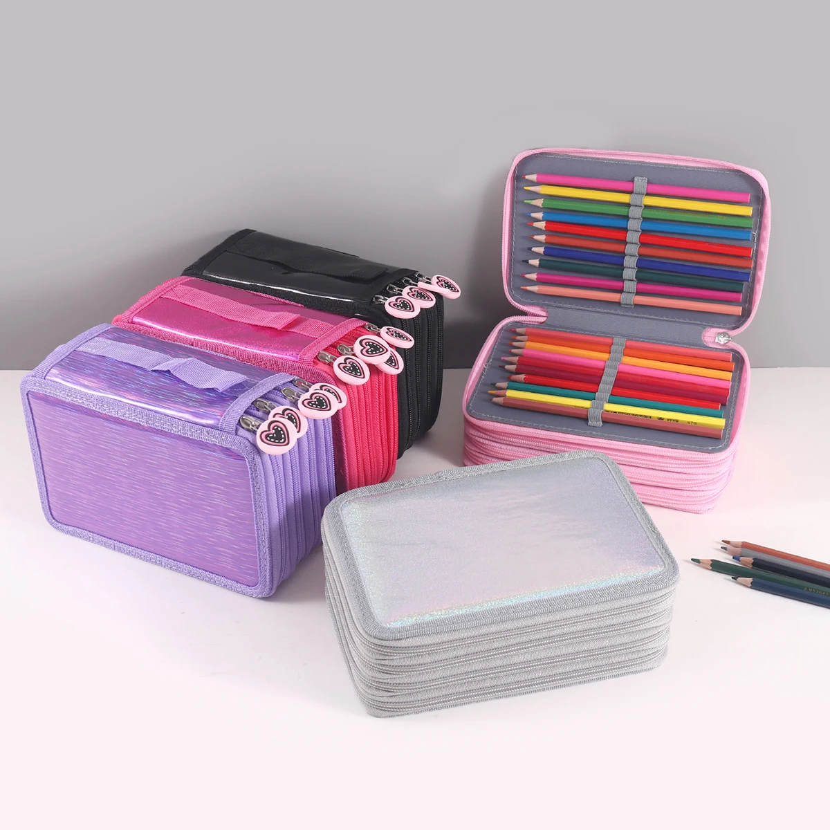 Estuche para lápices con acabado brillante de cuatro capas, con mango duradero, almacenamiento de papelería escolar portátil, estuche para lápices con patrón de corazón y cremallera, 1 ud.