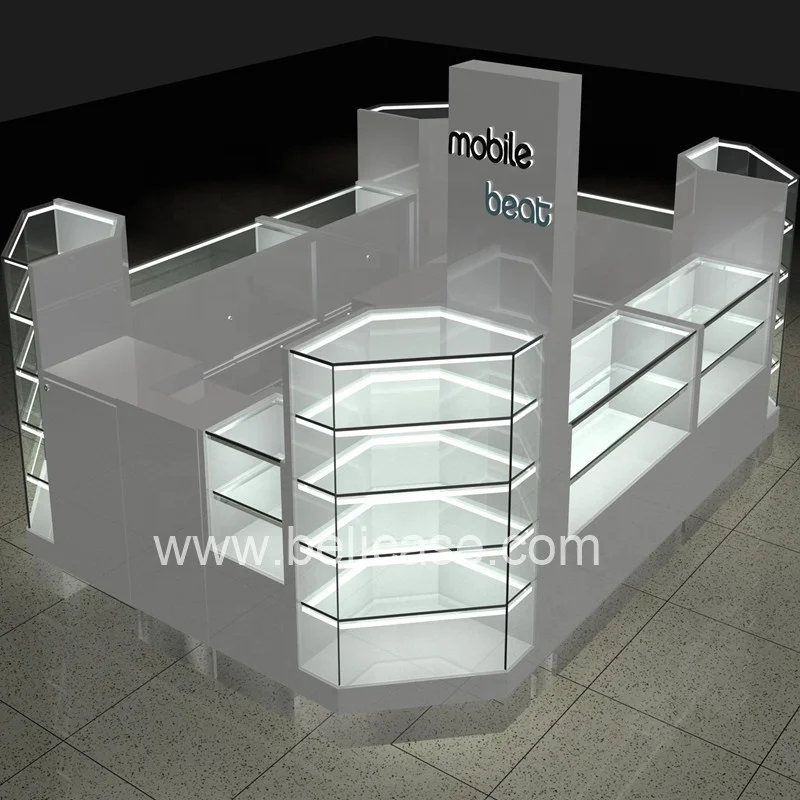 custom，Modern MDF Cell Phone Showcase Display Counter Design with LED Light Lockable Mobile Kiosk Stand for Mall