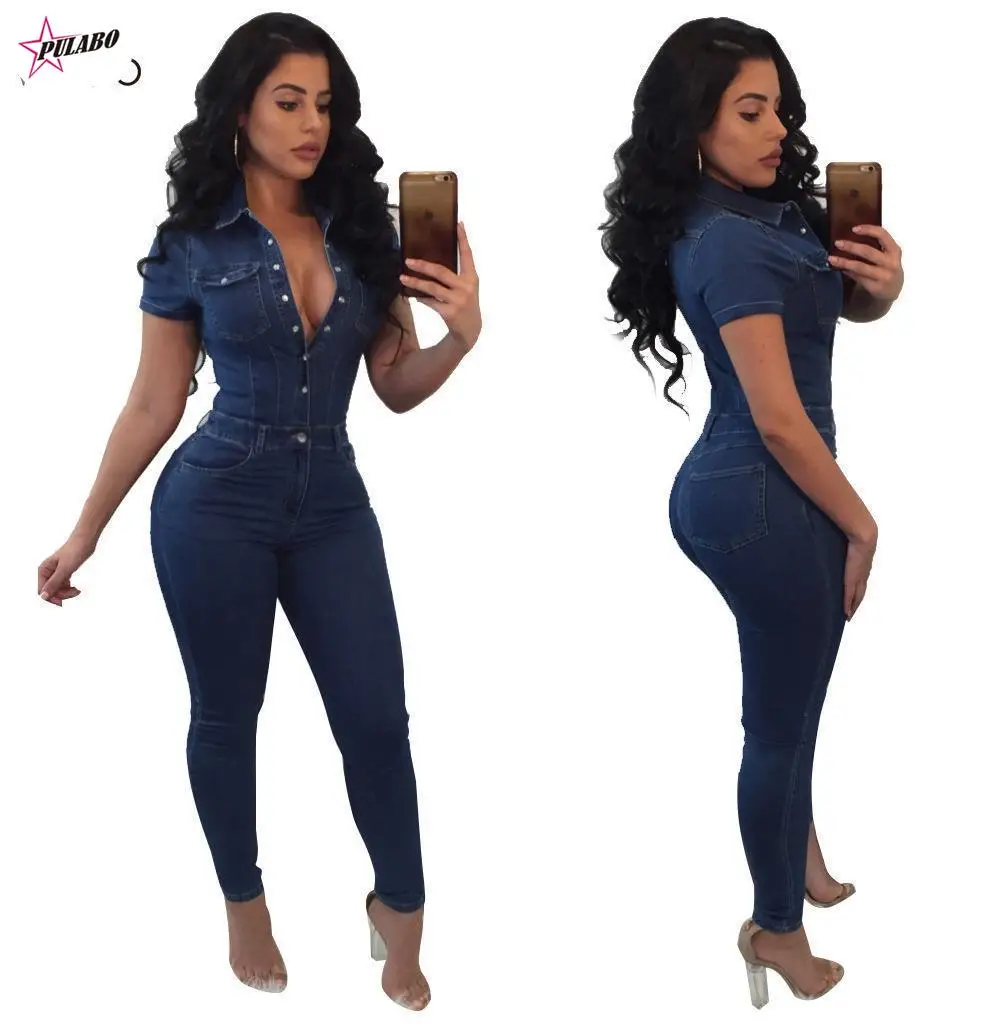 PULABO y2k Summer Cowboy Slim Turn Down Collar Bodysuit Women Was Thin High Waist Skinny Long Jumpsuits Jeans Bodysuit Women