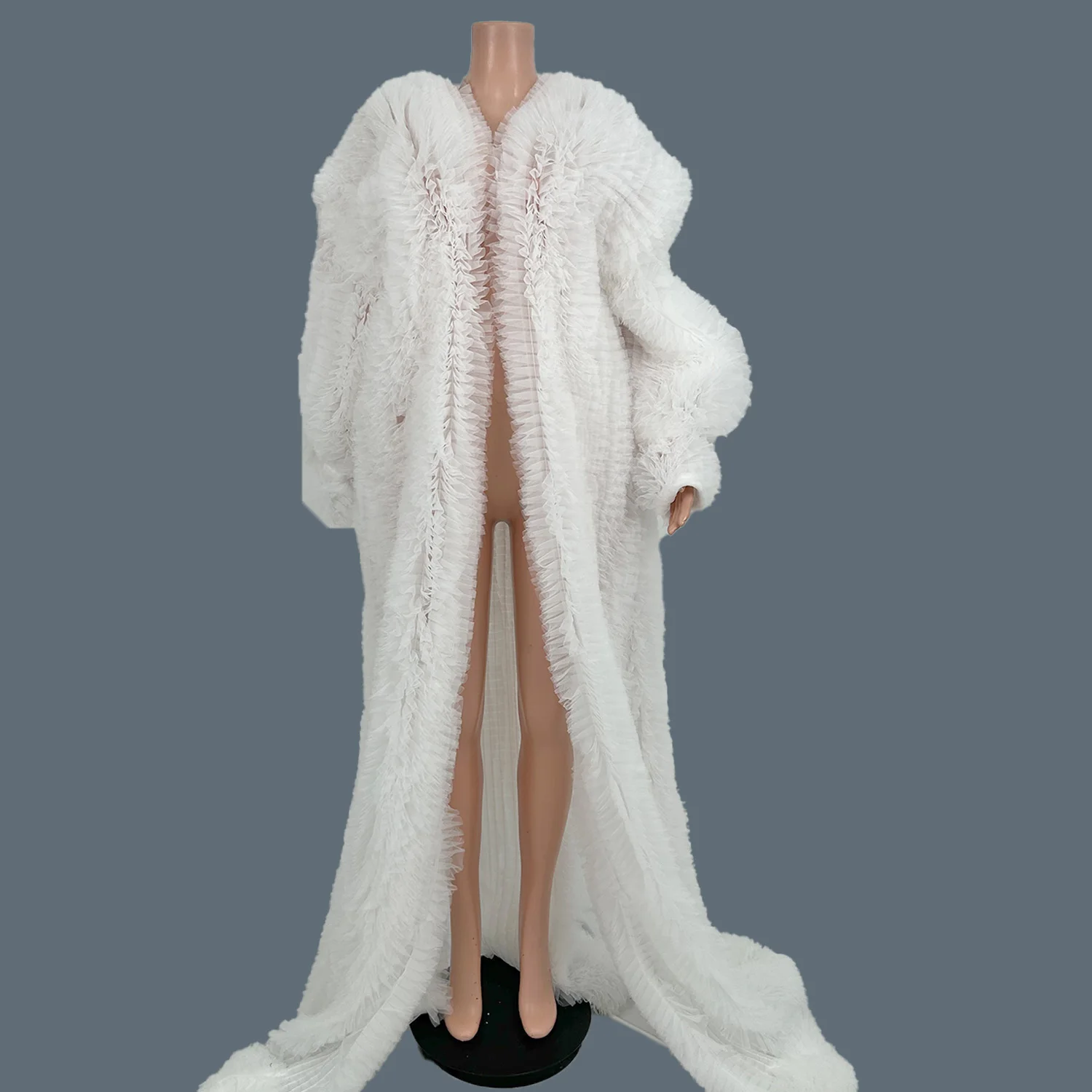 Unisex Sexy Floor-length Cloak Mesh Puffy Overcoat Long Sleeves Cloak Luxury Dinners Dress Outer garment Photography Wuzhishan