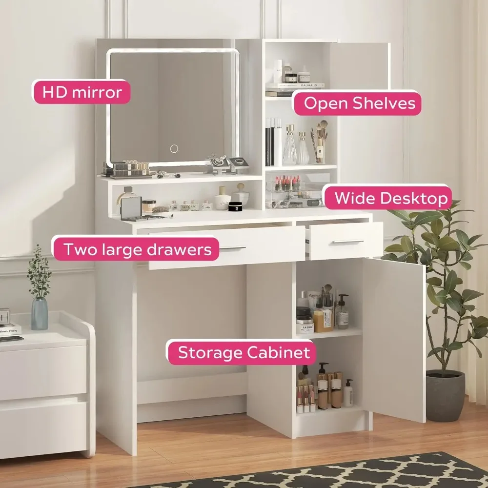 3 Level Storage Dresser  Vanity Desk with Mirror and LED Light Strip,Dressing Table with Large Drawer,  3 Lighting White