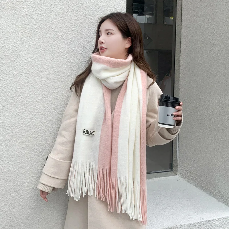 Winter 2 Color Splicing Scarf Women Korean Sweet Girls Imitation Cashmere Tassel Scarves Shawls Thick Warm Long Pashmina Foulard