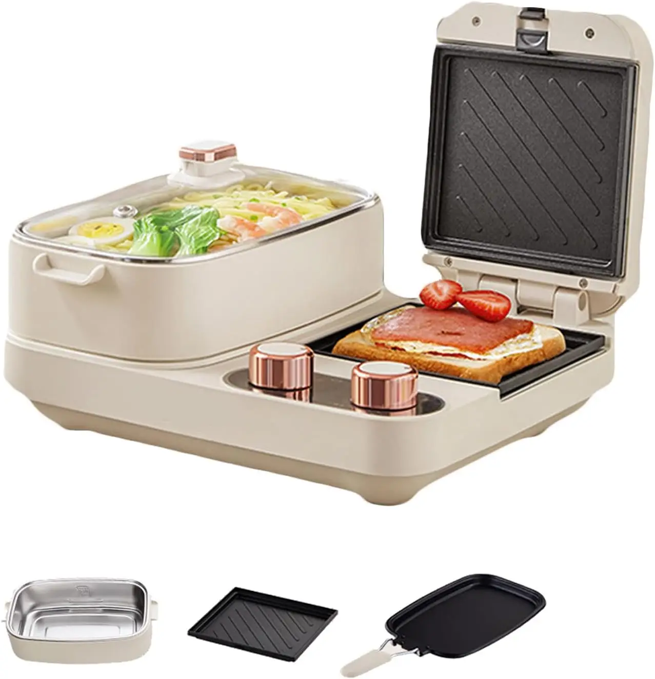 ماكينة إفطار متعددة الوظائف، طهي سريع 1100 وات، مع مقلاة، وعاء طهي، طبق ساندويتش، تحكم بزر مزدوج، تلقائي
