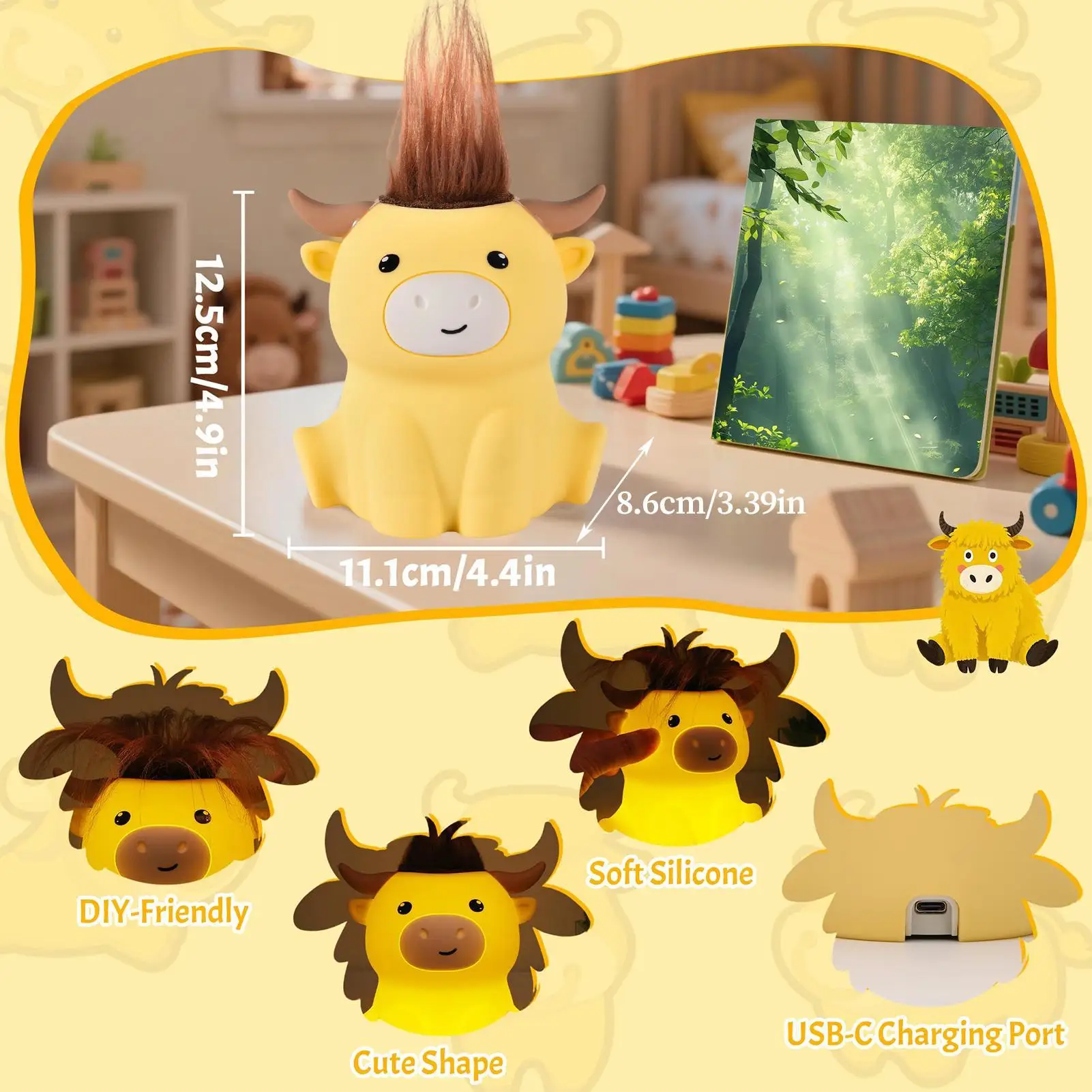 Kids Night Light Cartoon Cattle 2 Brightness Lamp With 20min Timer Bedroom Decorative Lamp For Home Bedside College Dormitory