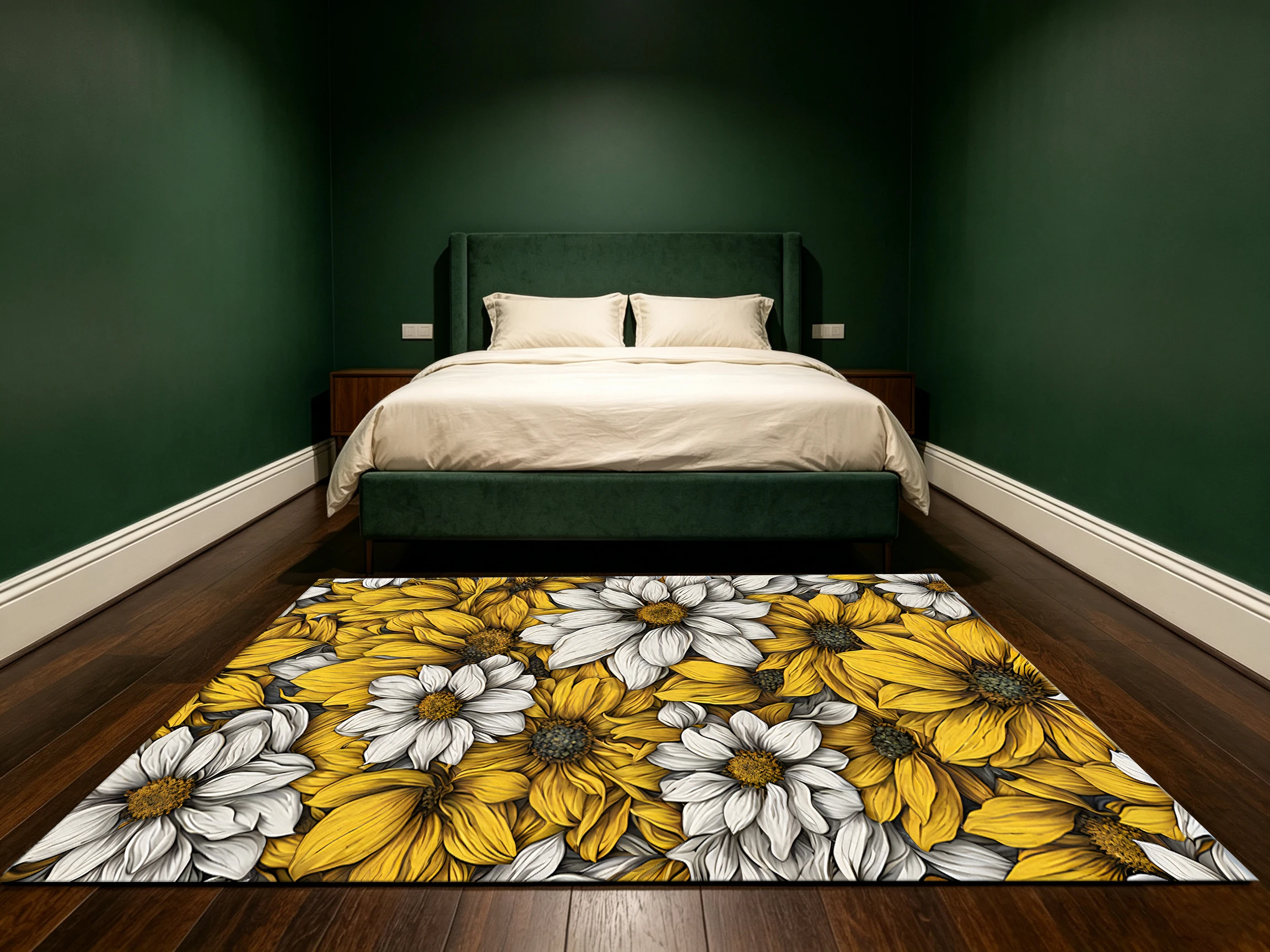 Velvet Rug All over Yellow White Sunflower Retro Warm Style for Living Room Bedroom Entryway Decor