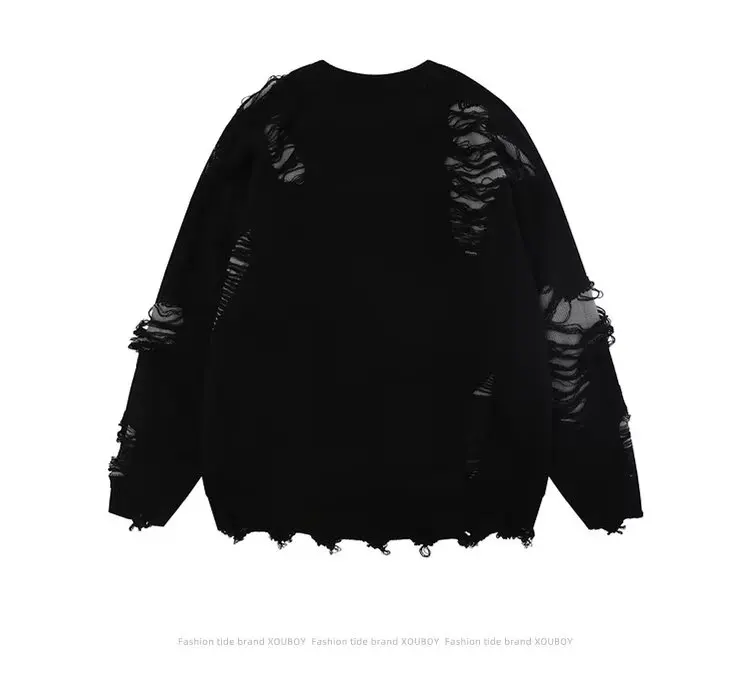 Jesienny sweter Hip Hop Streetwear Mężczyźni Koreańska moda Ripped Hole Pullover Mężczyźni Casual Luźny sweter z dzianiny Hipster Knitwear