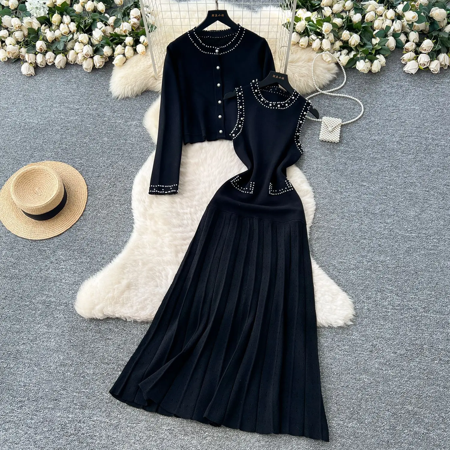 AV Elegant Office Ladies Suits Beading O Neck Long Sleeves Tops+Sleeveless Solid Crochet Dress Newest Women Knitting Sets