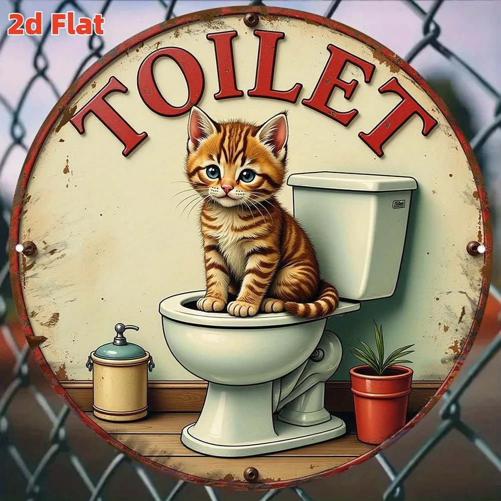 2D Flat "Cat Toilet Sign" |Cute Pet Etiquette Poster with Paw Print & Sandbox Illustration,Fun Wall Art Round Decorative Plaque