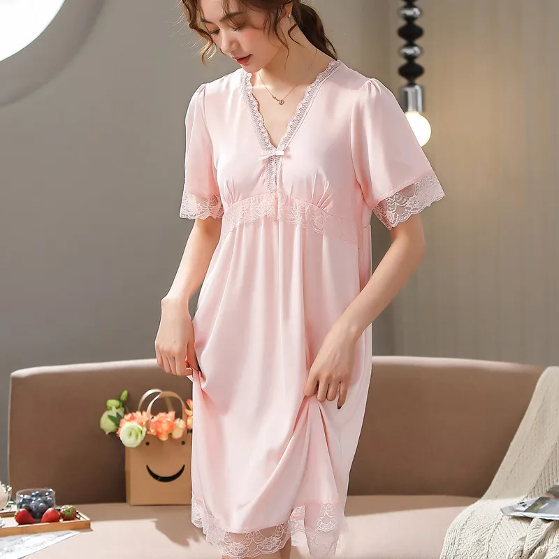 

Female Nightgown French Court Style Nightdress Sleepwear Sexy Lady Lace Trim Long Sleeve Rayon Long Sleepshirt Casual Homewear