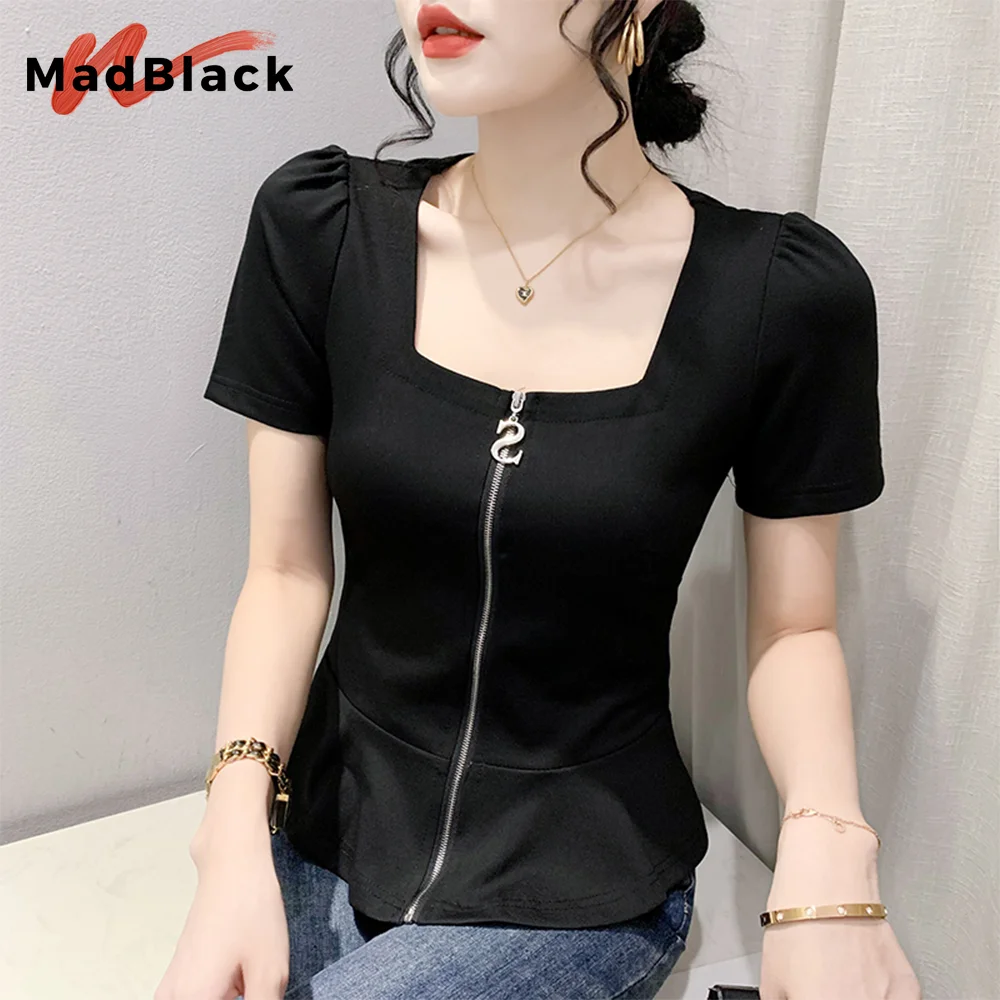 

MadBlack Summer European Clothes Square Collar T-Shirt Women Sexy Ruffle Zipper Slim Tops Short Puff Sleeves Tees Retro T35449M