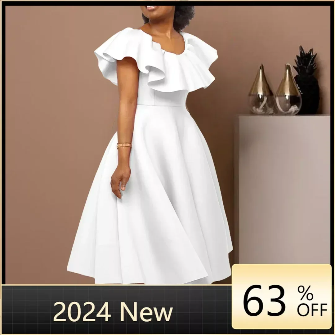 

African Women White Dresses Party Ruffles O Neck High Waist A Line Pleated Summer Dress Fashion Evening Birthday Gowns 2023 New