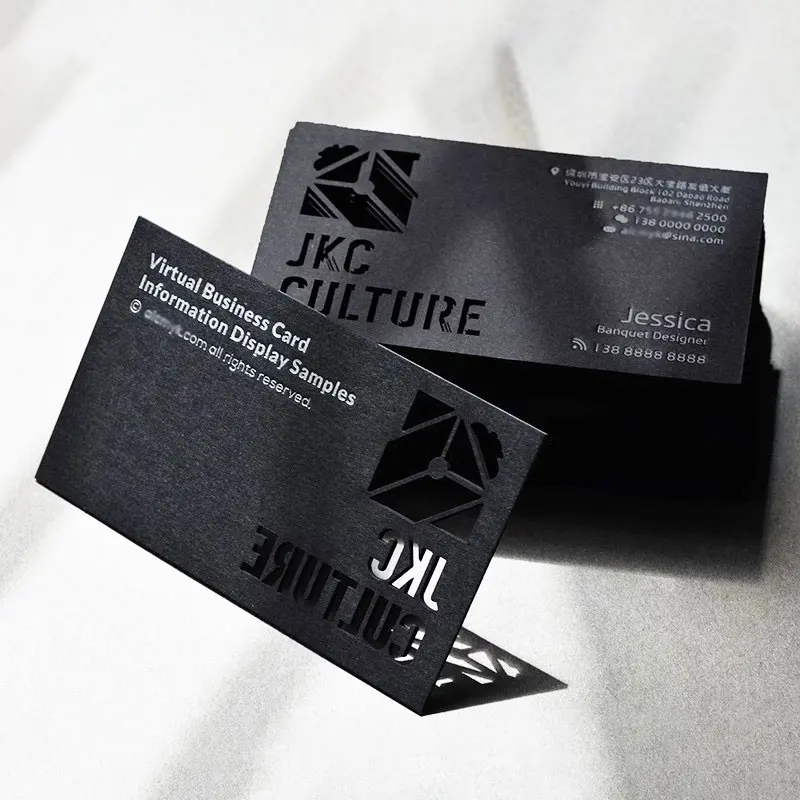 カスタム名刺ブラックカード中空ホログラフィック箔デザインと印刷ブラックカードストック箔シルバー箔カル
