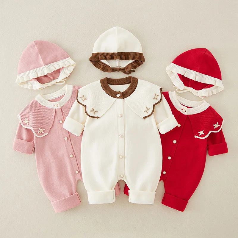 

Newborns Baby Clothes Spring and Autumn Girls Baby Knitted Jumpsuit Baby Embroidery Patchwork with Hat Long Rompers