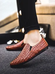 Round Toe Men's Leather Shoes Comfortable Flat Male Casual Shoe Slip-on Legitimate Cowhide Luxury Sale High Quality Fashion Pu