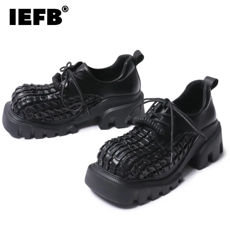 IEFB Men Wear Solid Color Shoes Square Head Woven PU Leather Shoe Vintage Heightening Lace-up Male Female 2024 Autumn 9C8774