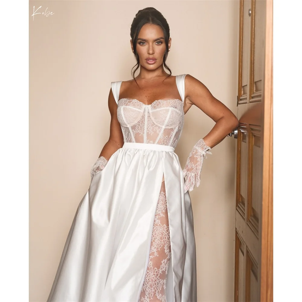 

Kobe Spaghetti Strap Side High Slit Trailing Wedding Dress Lace Gloves vestidos de noche Sleeveless Formal Evening Customized