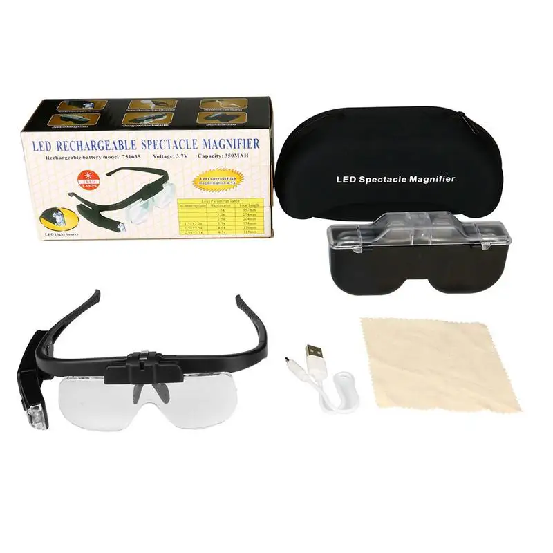 Student Night Reading Aids 1.5X 2.0X 2.5X 3.5X 4.0X 4.5X Glasses Loupe LED Light Headband Magnifier With Lamp, Removable Lens