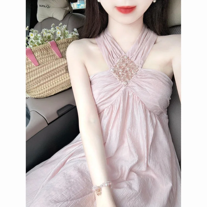 

Heavy Industry Diamond Set Hanging Neck Dress High Sense Temperament Age Reducing Fairy Long Dress