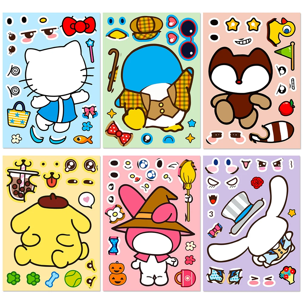 6/12Sheets Cute Sanrio Puzzle Anime Stickers Melody Hello Kitty Make-a-Face Assemble Fun Cartoon Decal Assemble Jigsaw Kid Gift