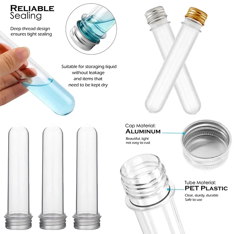 5pcs 30-100ml Empty Refillable Clear Plastic Test Tubes with Screw Aluminum Caps for Scientific Experiments Party Candy Storage