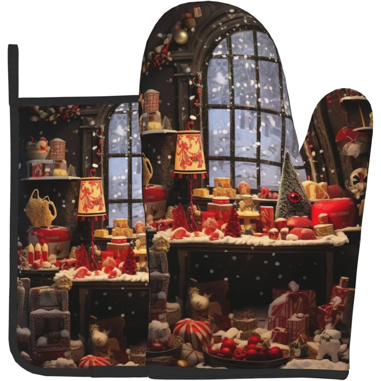 Guantes De Horno De Feliz Navidad, DecoracióN De Cocina NavideñA Con Ventana Nevada, Solo Lavado, Perfecto Para Hornear, Asar Y Cocinar