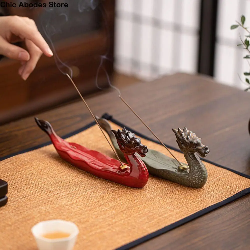 

Creative Dragon Boat Shape Incense Burner Antique Ceramics Incense Tray Chinese Style Handcraft Aroma Burner Tea Table