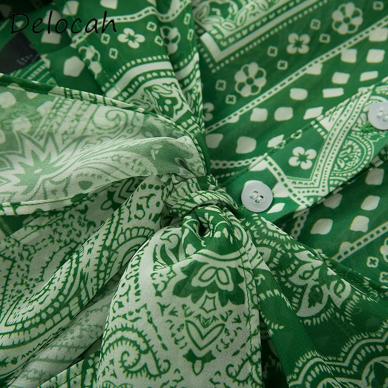Deloach Primavera/Verano moda mujer cuello abatible solo pecho estampado geométrico con cordones media manga vestido de longitud media