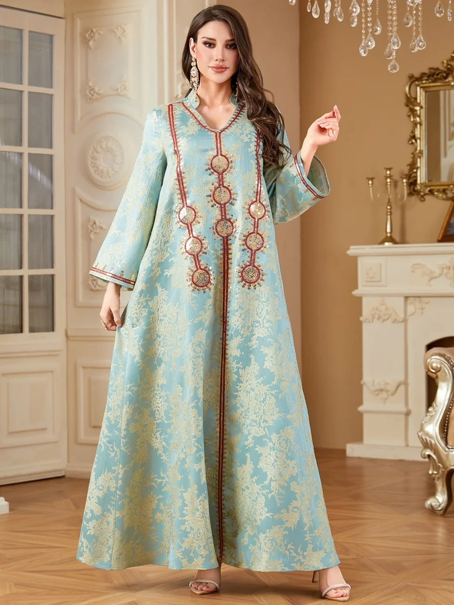 

Siskakia Muslim Elegant Embroidery Women Evening Dress Jacquard Maxi Abaya Fashion V-Neck Caftan Marocain Femme